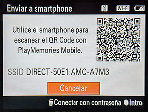 Pantalla para transferir fotos desde una cámara Sony A7 al móvil